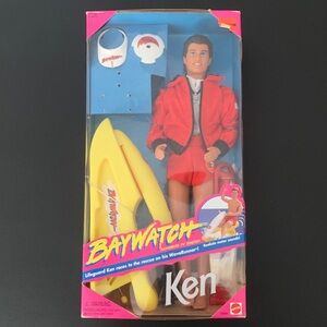 Mattel Baywatch Ken Doll with Red Outfit and Yellow Surfboard